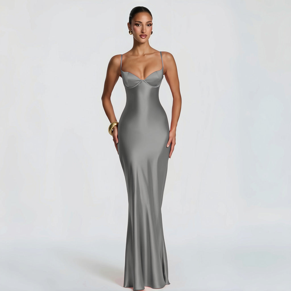 Alaia satin maxi dress with a back tie and waist-cinching design