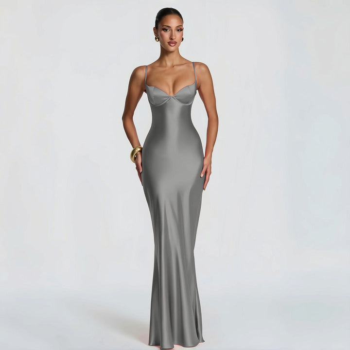 Alaia satin maxi dress with a back tie and waist-cinching design