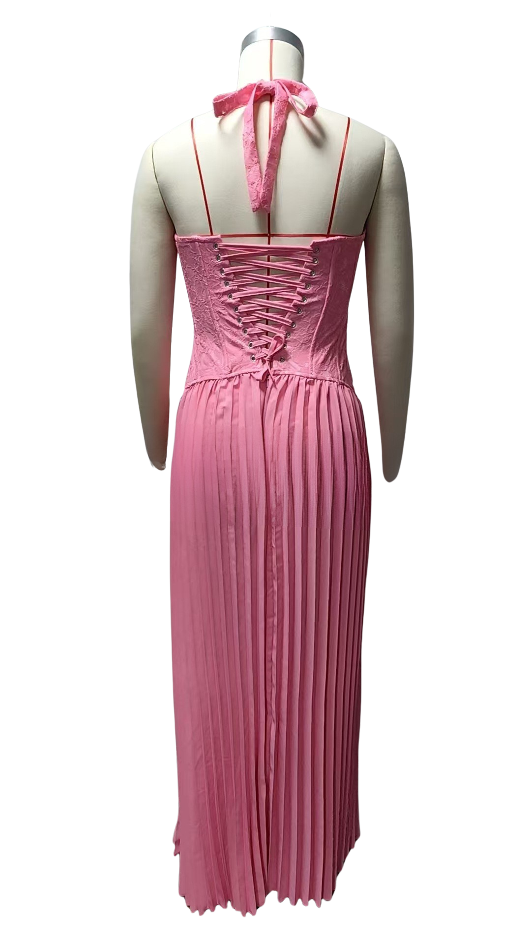 Pleated maxi dress with a lace design, back tie, and waist fastening - MELIA
