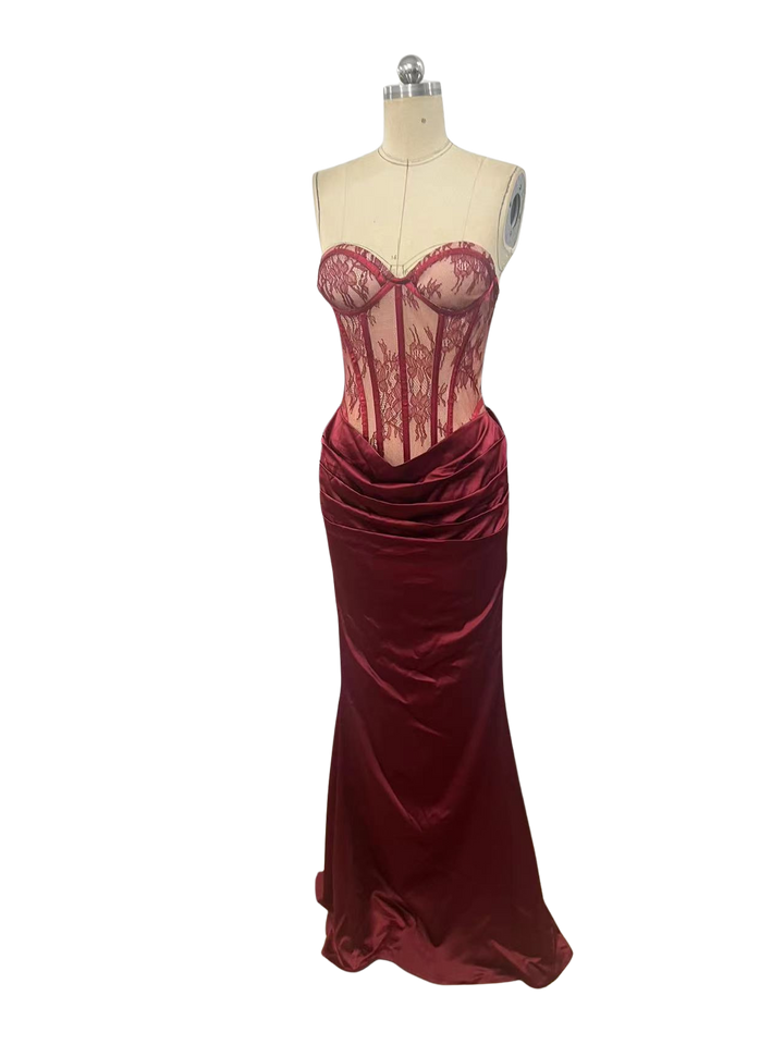 Strapless maxi dress with a lace design, back tie, and satin pleats – Larian