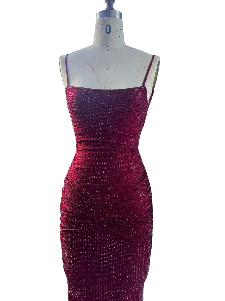 Tight maxi dress with glittering rhinestones and gathers - DIAN