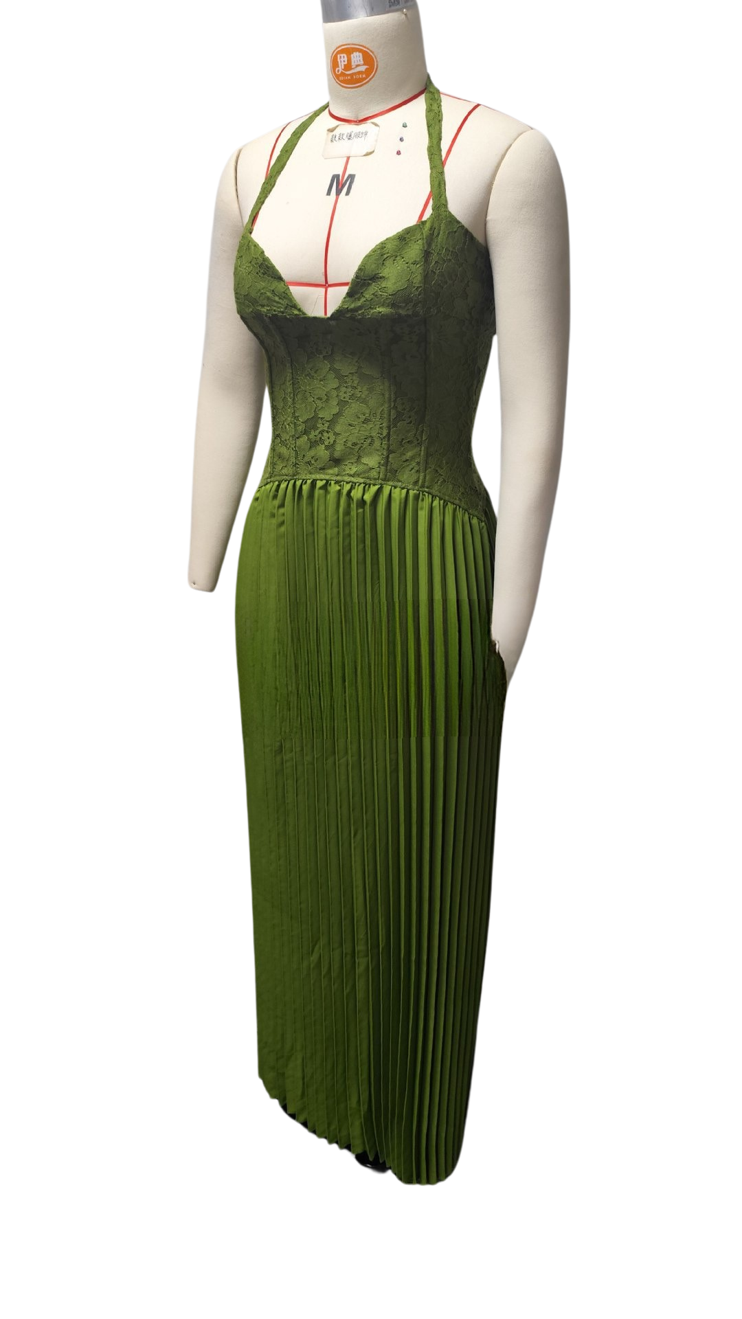 Pleated maxi dress with a lace design, back tie, and waist fastening - MELIA