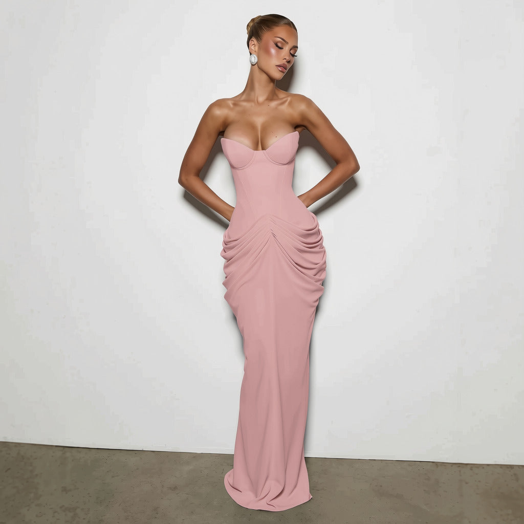 Nalia strapless maxi dress with pleats, corset design, back tie, and waist-cinching fit