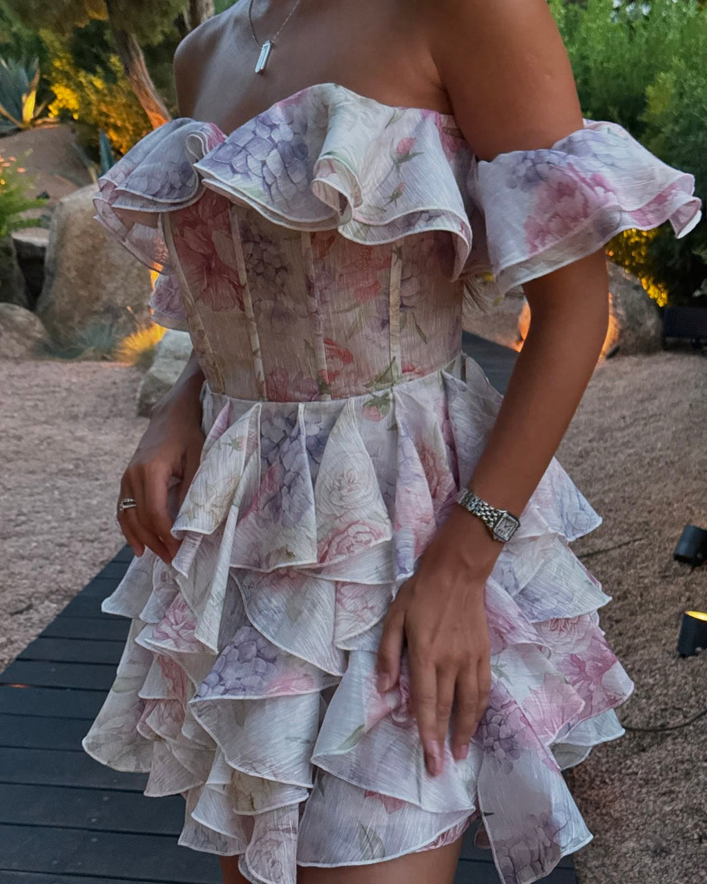 שמלת מיני מלמלה כתפיים חשופות בעיצוב פרחוני - ליסה