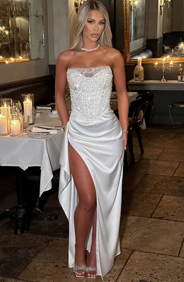 סט שני חלקים חצאית מקסי סאטן וטופ מחוך סטרפלס בעיטור פייטים - Milani