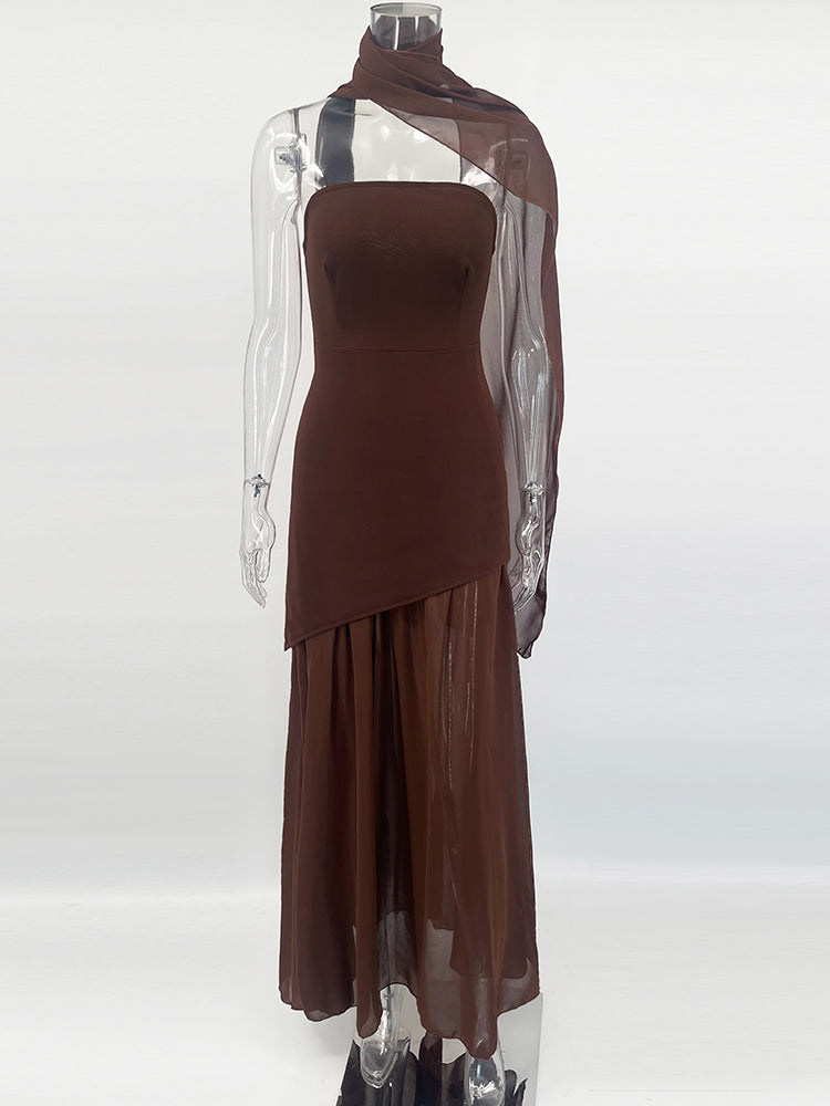 שמלת מקסי סטרפלס חלק תחתון שיפון בעיצוב שסע בעיטור צעיף תואם - Princess