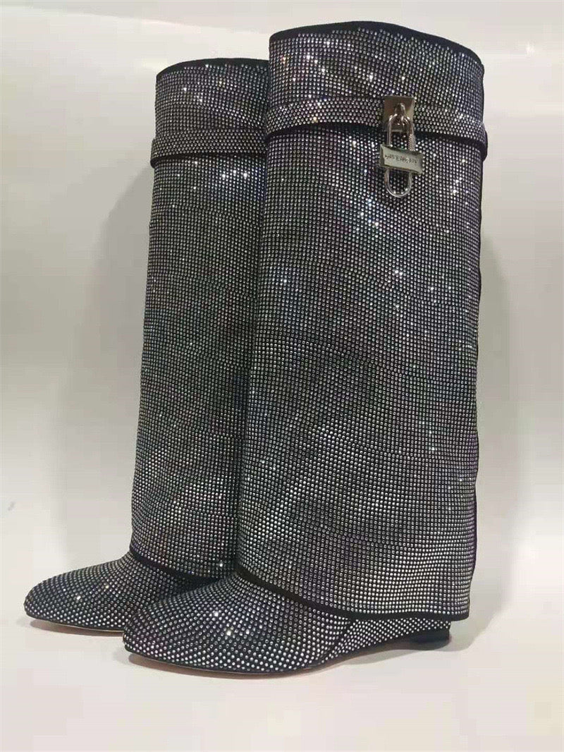 High heel boots with glittering rhinestones and a lock - Bailey