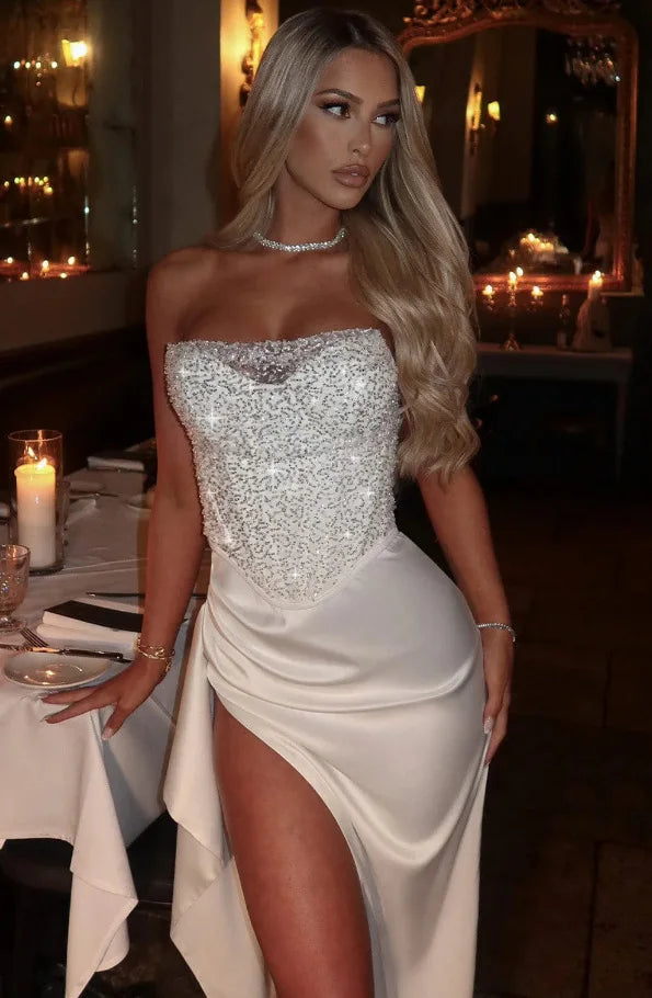 סט שני חלקים חצאית מקסי סאטן וטופ מחוך סטרפלס בעיטור פייטים - Milani