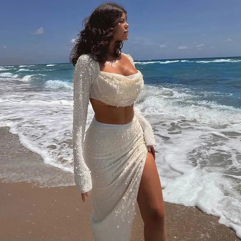 סט שני חלקים בעיטור פנינים וזרקונים מנצנצים חצאית מידי/מיני בעיצוב שסע וחולצת טופ - Vivienne
