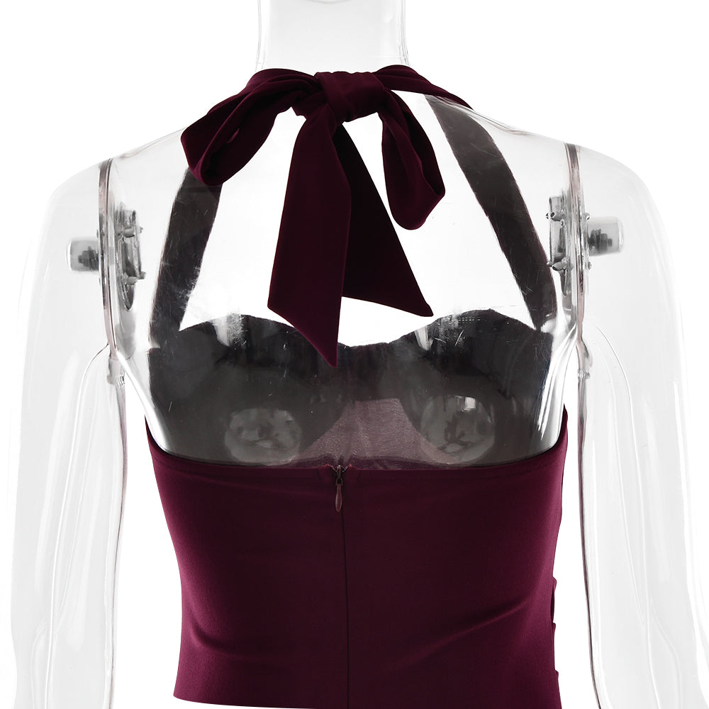 שמלת מקסי אלגנטית בעיצוב שסע קשירה בצוואר - ווין