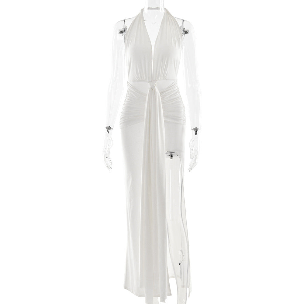 שמלת מקסי בעיצוב מחשוף V עמוק גב פתוח ושסע קדמי בעיטור שובלים וכיווצים - וונדה