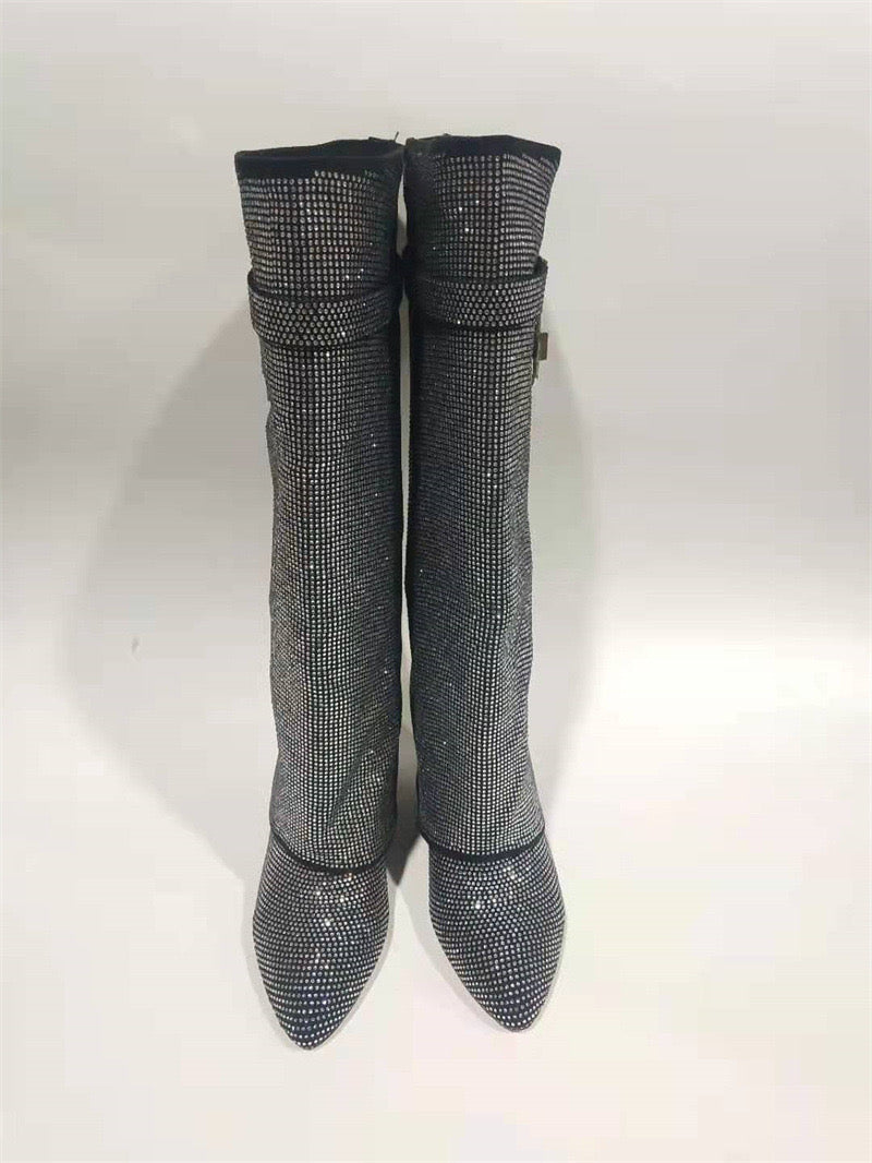 High heel boots with glittering rhinestones and a lock - Bailey