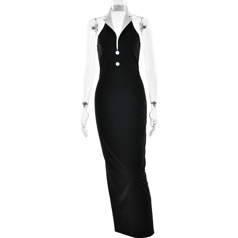 שמלת מקסי אלגנטית בעיטור כפתורים גב פתוח - לינדה