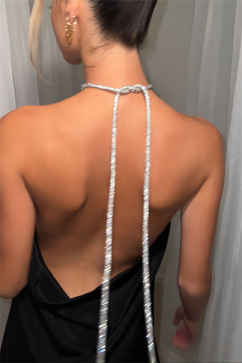 שמלת מיני סאטן בעיצוב חוטי זרקונים מנצנצים לקשירה בצוואר - קולין