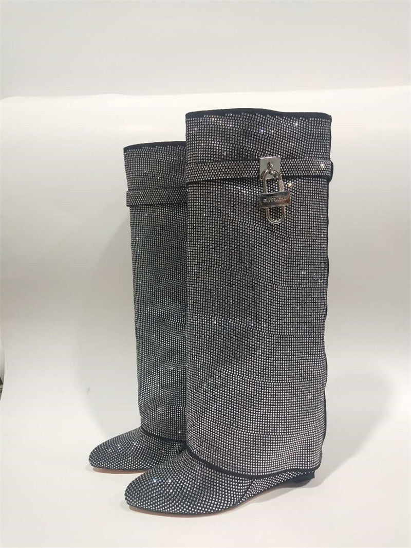 High heel boots with glittering rhinestones and a lock - Bailey