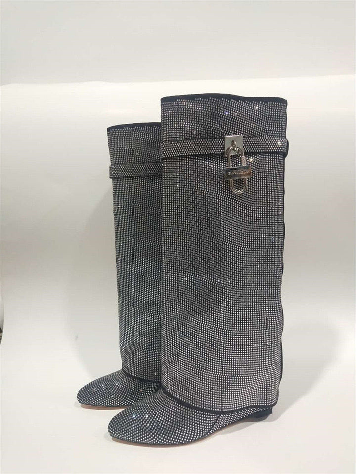 High heel boots with glittering rhinestones and a lock - Bailey