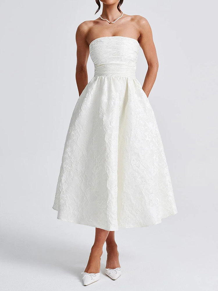 שמלת מידי סטרפלס בגזרת A גב פתוח בעיטור רקמת איורי פרחים - פלורה