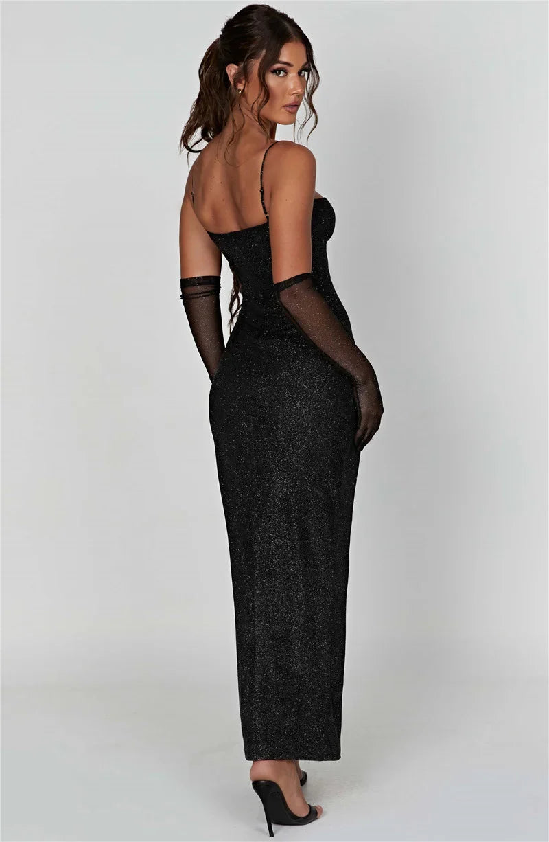 שמלת מקסי נצנצים בעיצוב שסע בעיטור כפפות - Daphne