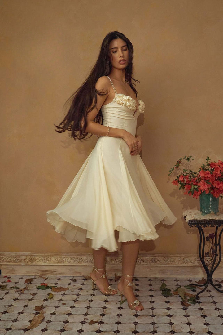 Lorraine 3D floral-design ruffle chiffon midi dress