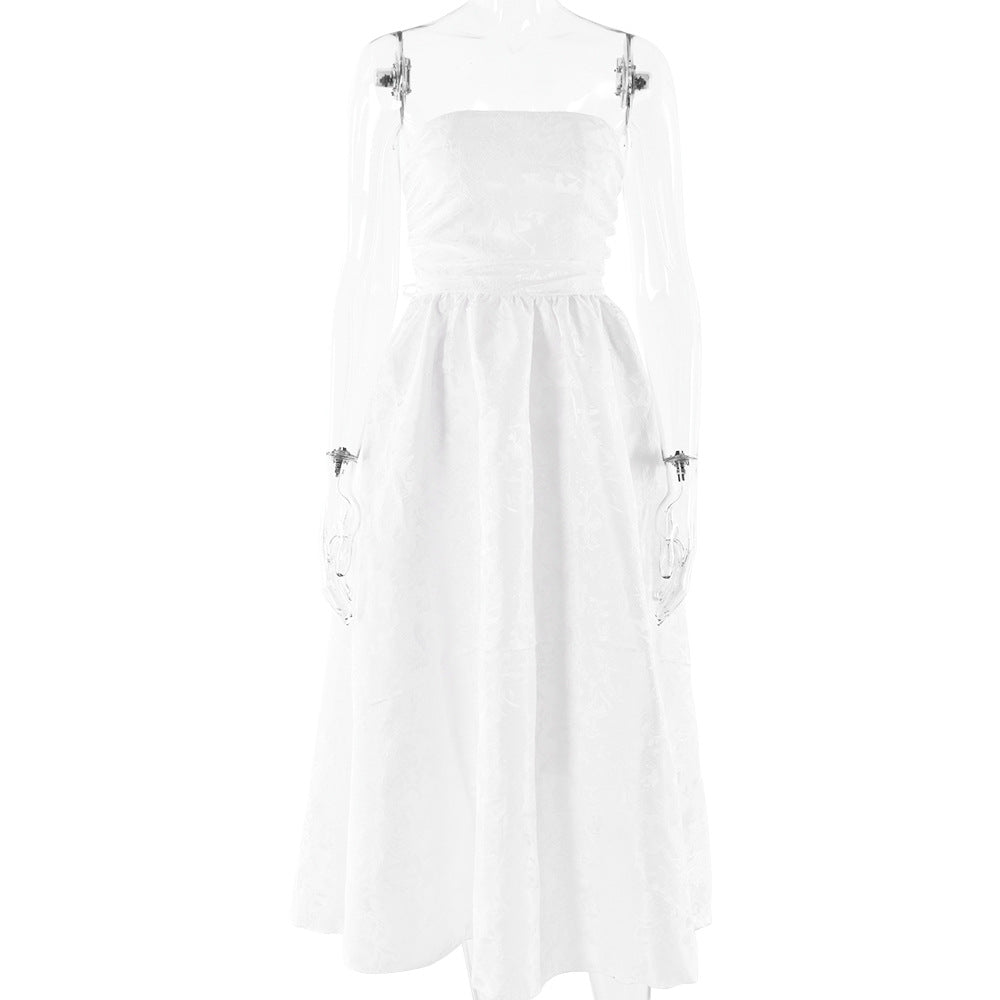 שמלת מידי סטרפלס בגזרת A גב פתוח בעיטור רקמת איורי פרחים - פלורה