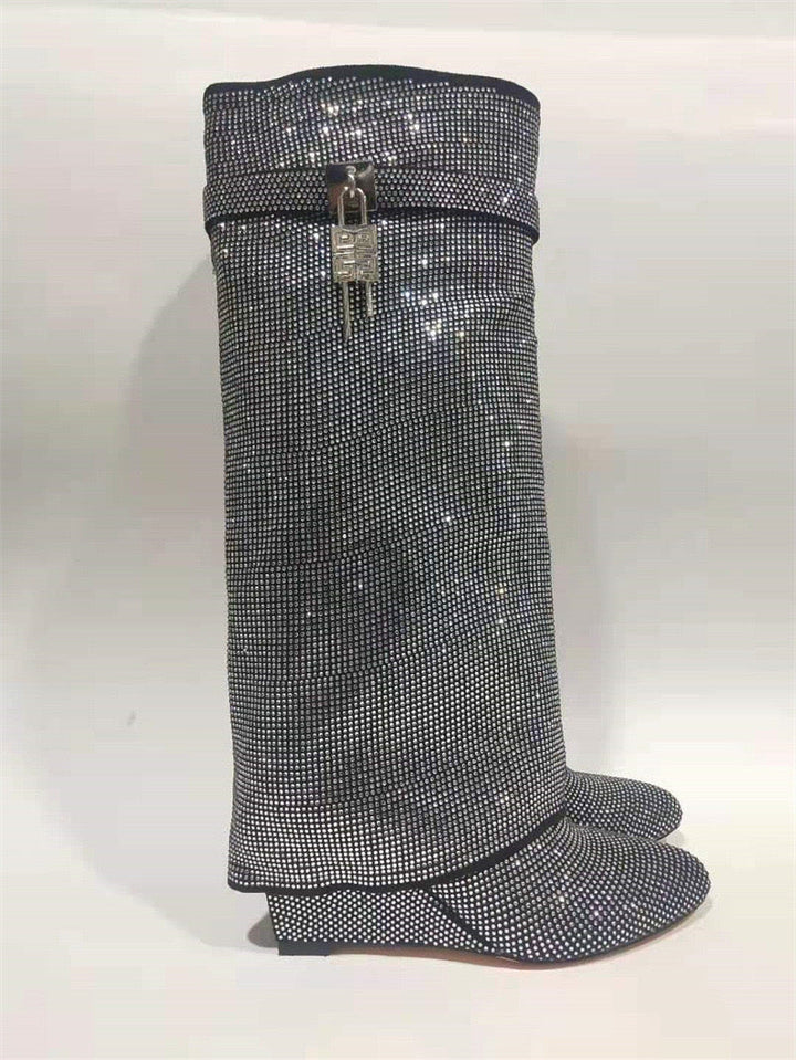 High heel boots with glittering rhinestones and a lock - Bailey