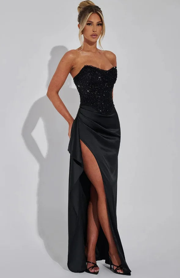 סט שני חלקים חצאית מקסי סאטן וטופ מחוך סטרפלס בעיטור פייטים - Milani