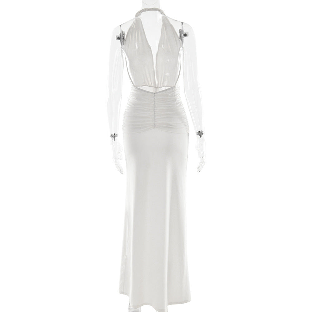 שמלת מקסי בעיצוב מחשוף V עמוק גב פתוח ושסע קדמי בעיטור שובלים וכיווצים - וונדה