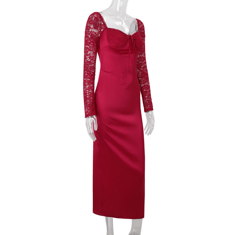 שמלת מקסי סאטן בעיצוב מחוך בעיטור תחרה - ג'ויה