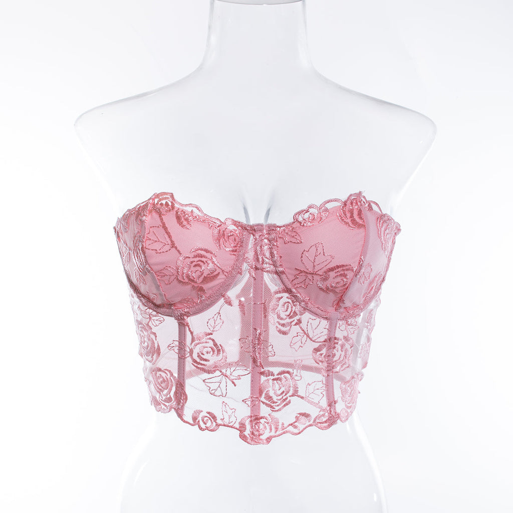 טופ סטרפלס רשת בעיטור רקמת פרחים - נויה לי