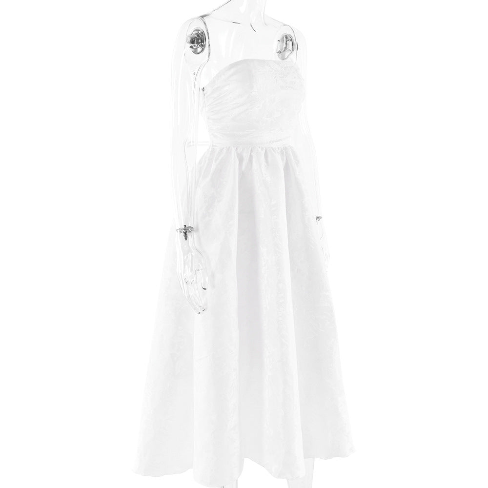 שמלת מידי סטרפלס בגזרת A גב פתוח בעיטור רקמת איורי פרחים - פלורה