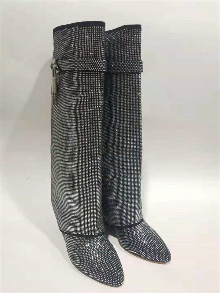 High heel boots with glittering rhinestones and a lock - Bailey