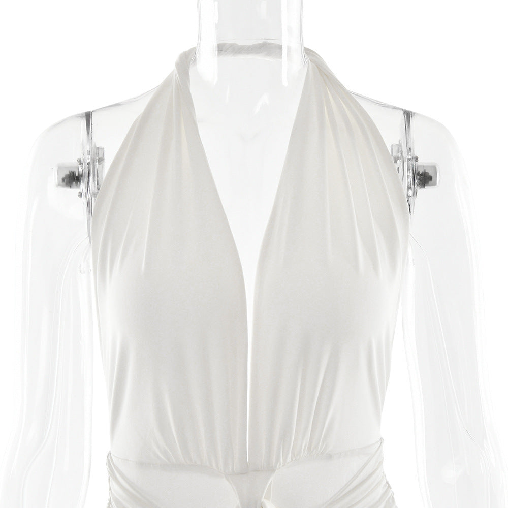 שמלת מקסי בעיצוב מחשוף V עמוק גב פתוח ושסע קדמי בעיטור שובלים וכיווצים - וונדה