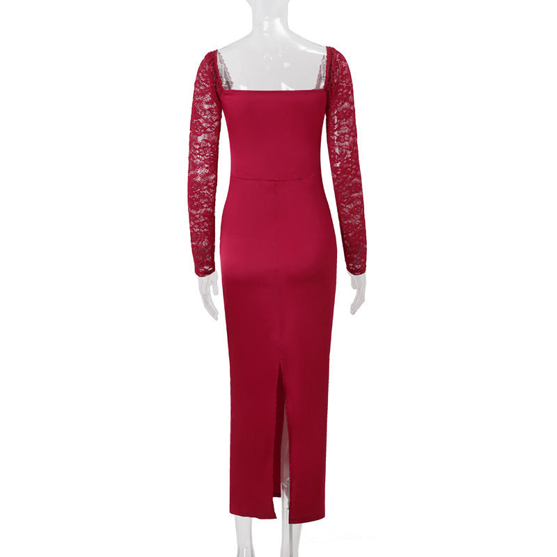 שמלת מקסי סאטן בעיצוב מחוך בעיטור תחרה - ג'ויה