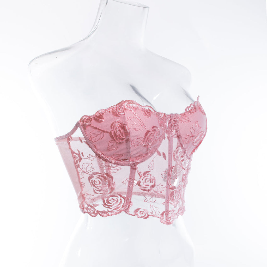 טופ סטרפלס רשת בעיטור רקמת פרחים - נויה לי