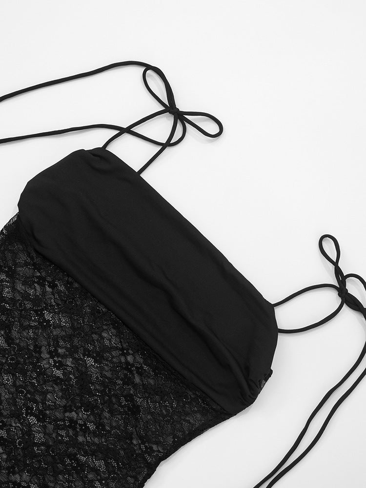 שמלת מקסי אלגנטית בעיצוב תחרה קשירה בכתפיות - Indigo