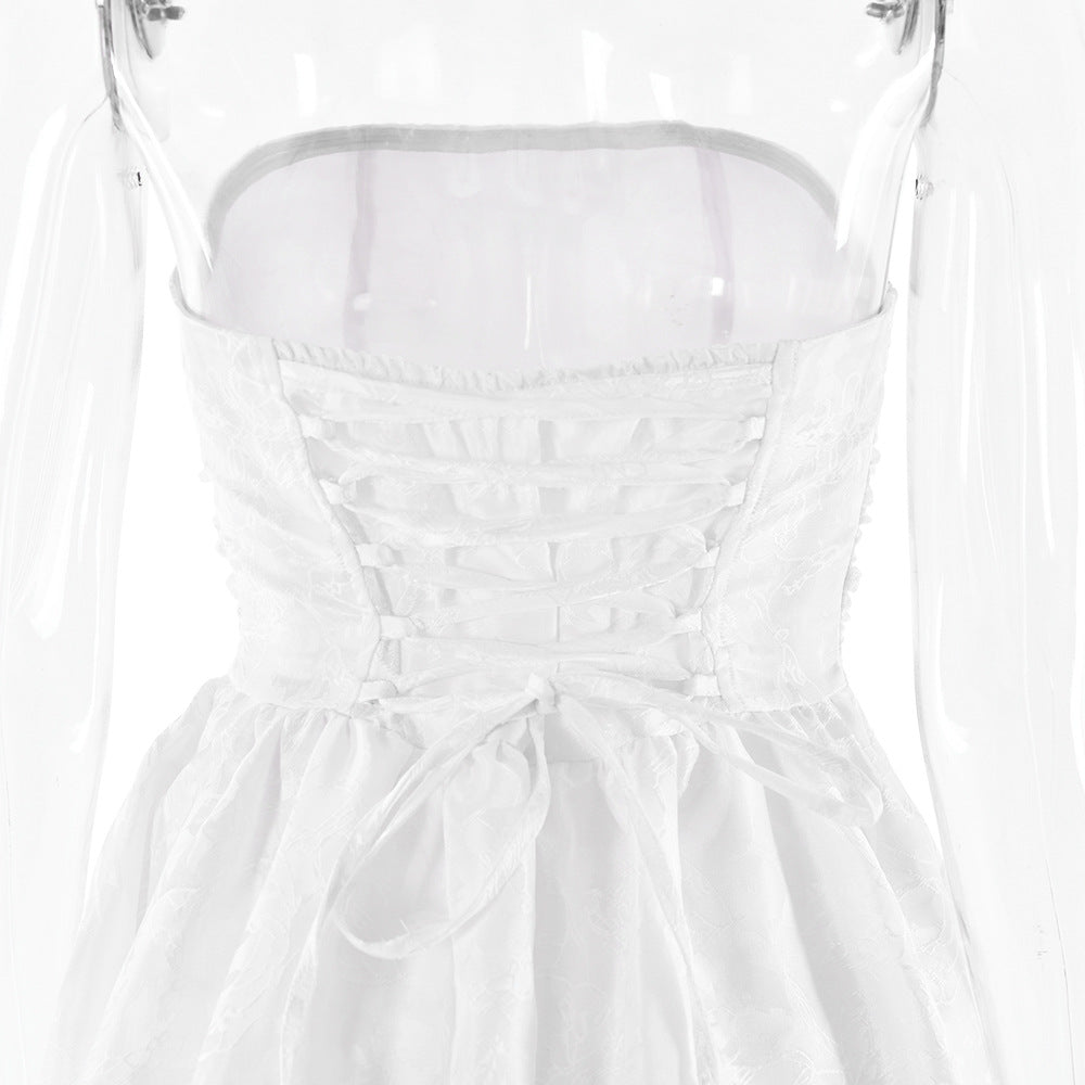 שמלת מידי סטרפלס בגזרת A גב פתוח בעיטור רקמת איורי פרחים - פלורה