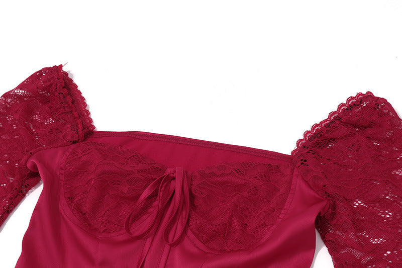 שמלת מקסי סאטן בעיצוב מחוך בעיטור תחרה - ג'ויה