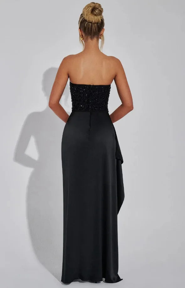 סט שני חלקים חצאית מקסי סאטן וטופ מחוך סטרפלס בעיטור פייטים - Milani