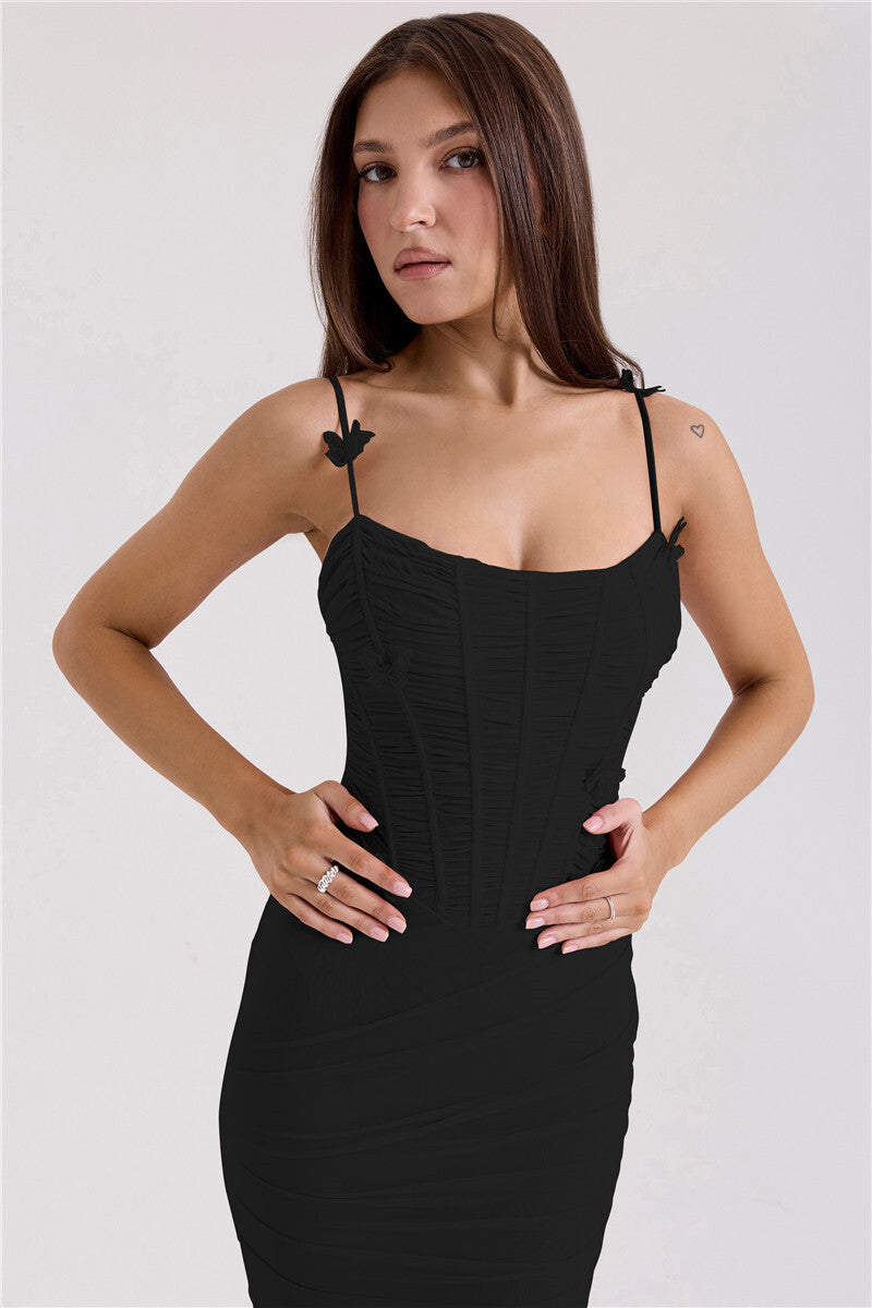 שמלת מקסי שיפון בעיצוב כיווצים ואפליקציות פרפרים - הללי