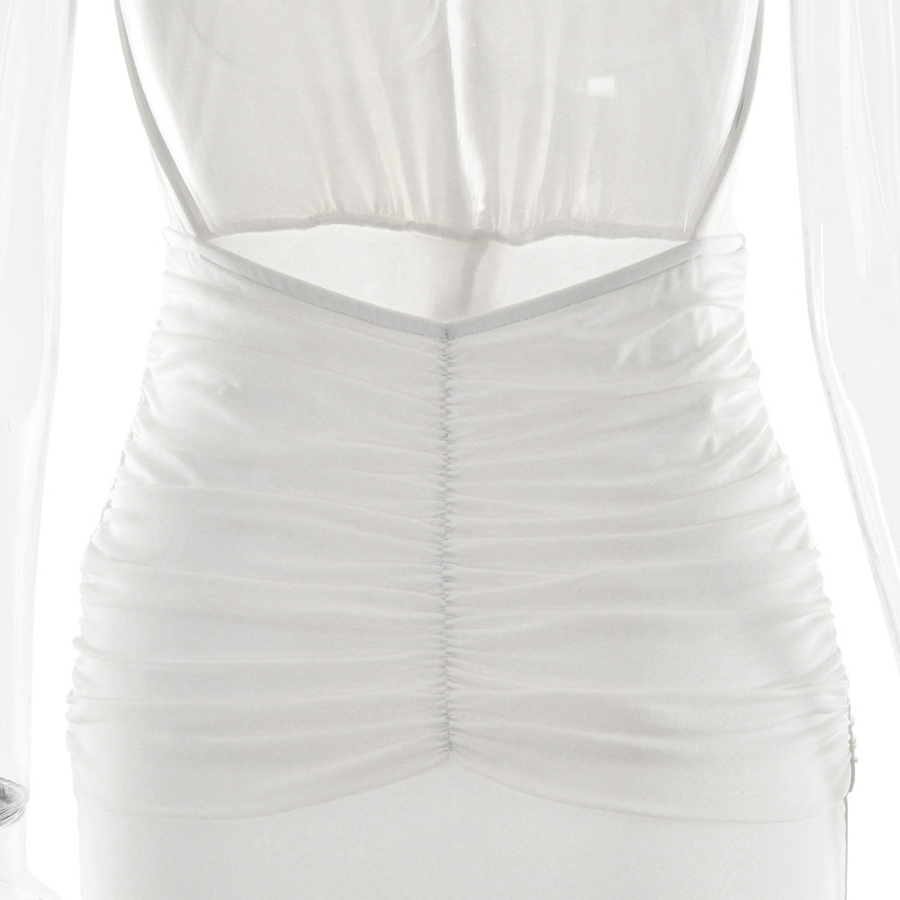 שמלת מקסי בעיצוב מחשוף V עמוק גב פתוח ושסע קדמי בעיטור שובלים וכיווצים - וונדה