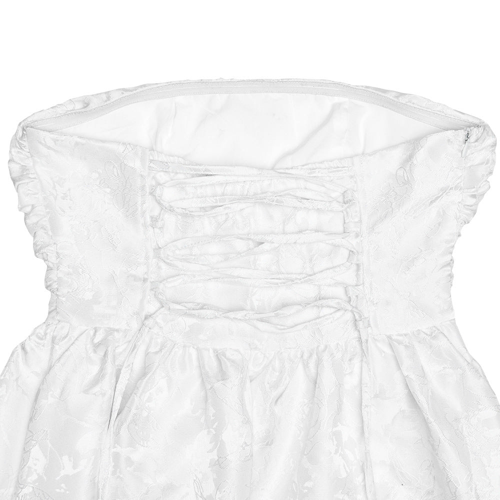 שמלת מידי סטרפלס בגזרת A גב פתוח בעיטור רקמת איורי פרחים - פלורה