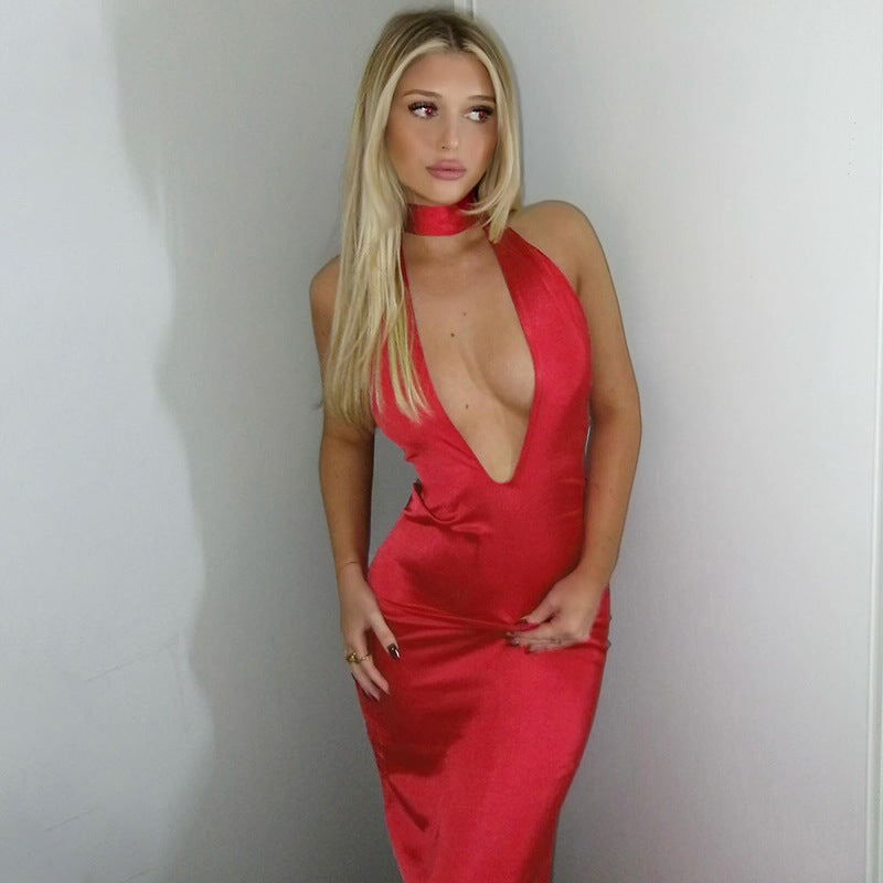 שמלת סאטן מחשוף עמוק קשירה בצוואר - פאולינה