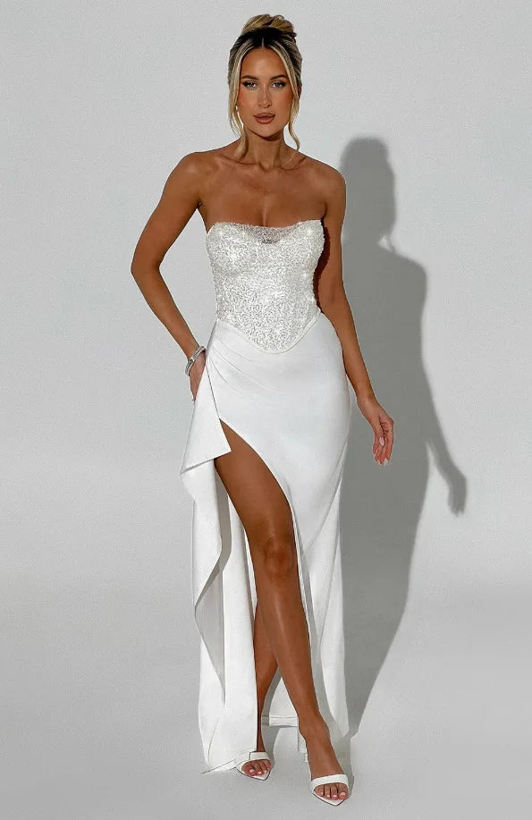 סט שני חלקים חצאית מקסי סאטן וטופ מחוך סטרפלס בעיטור פייטים - Milani