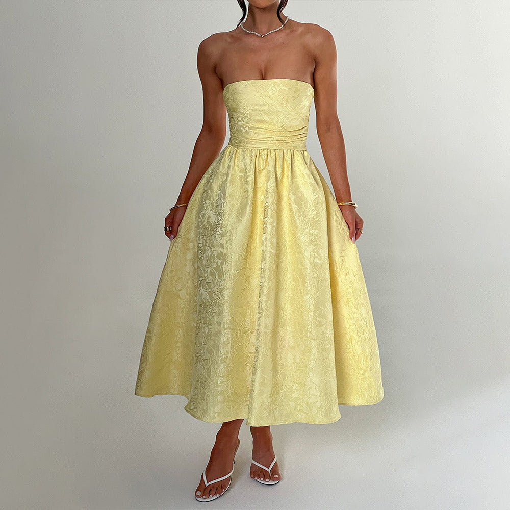 שמלת מידי סטרפלס בגזרת A גב פתוח בעיטור רקמת איורי פרחים - פלורה