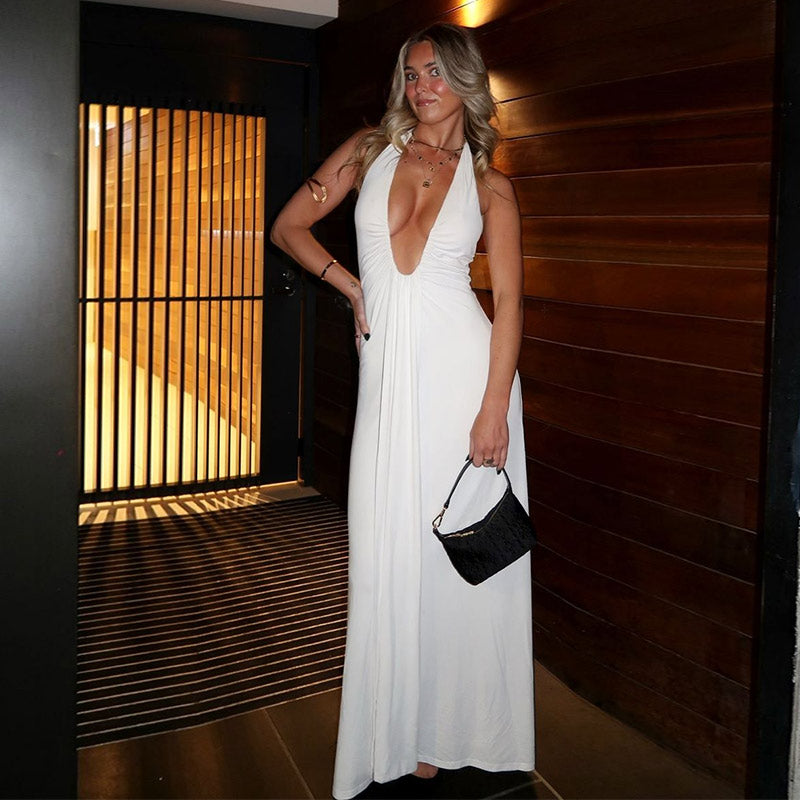 שמלת מקסי מחשוף עמוק גב פתוח - עלמה