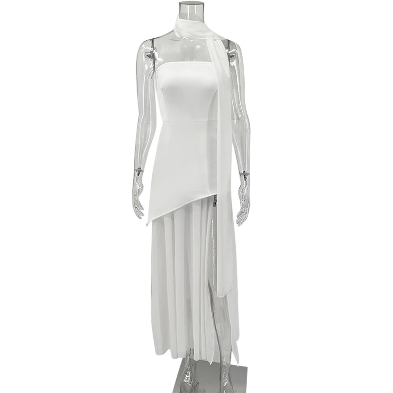 שמלת מקסי סטרפלס חלק תחתון שיפון בעיצוב שסע בעיטור צעיף תואם - Princess