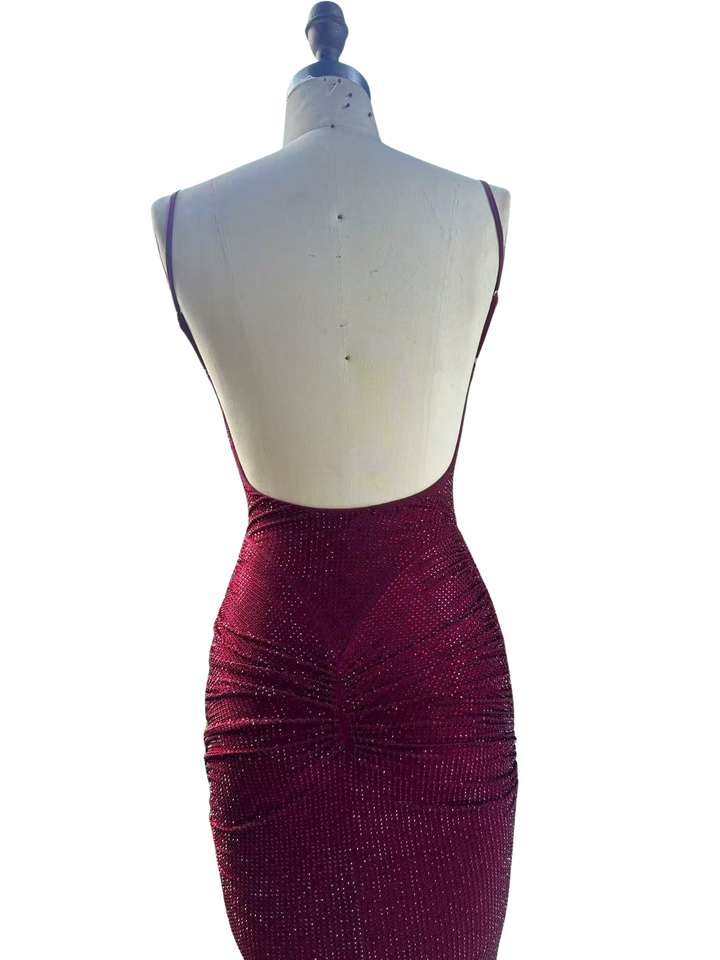 Tight maxi dress with glittering rhinestones and gathers - DIAN