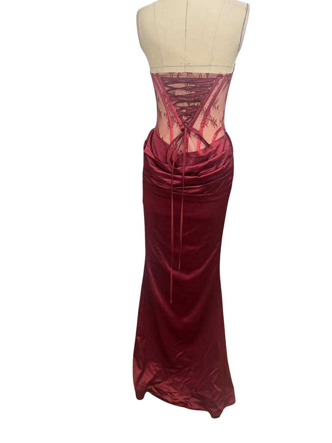 Strapless maxi dress with a lace design, back tie, and satin pleats – Larian