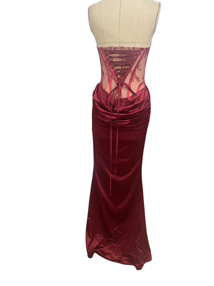 Strapless maxi dress with a lace design, back tie, and satin pleats – Larian