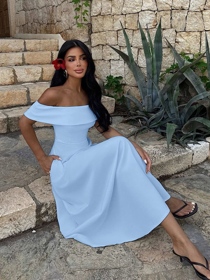 A-line midi dress with an off-the-shoulder design and pockets - HINES